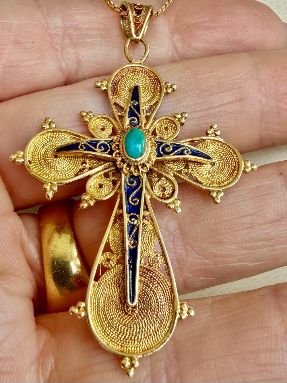 18k gold Filigree Cross Pendant with Enamel and Turquoise Accent